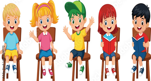 Group of happy diverse school children sitting on chairs reading books and waving hands flat cartoon vector illustration set isolated on white background for elementary education classroom