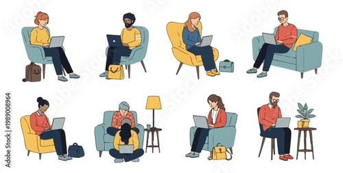 Diverse people working studying or relaxing with laptops and tablets at home.