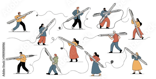 Set of diverse people holding large fountain pens for writing.