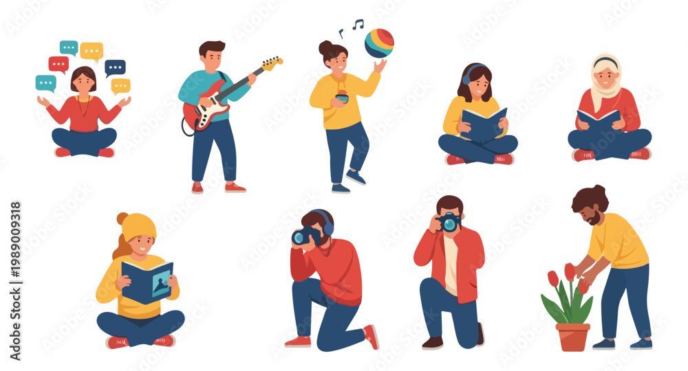 Fototapeta premium Set of diverse people engaged in various hobbies and leisure activities.