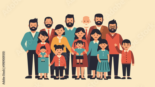 Family portrait of diverse people standing together smiling happily.