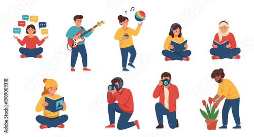 Set of diverse people engaged in various hobbies and leisure activities.