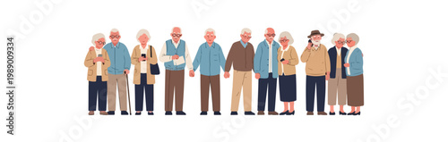 Illustration of a large group of senior citizens standing together.