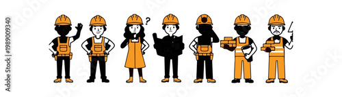 Cartoon Construction Workers in Hard Hats and Overalls.