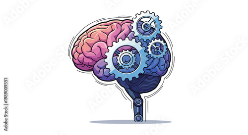 Artificial intelligence and cognitive technology concept showing a human brain integrated with mechanical gears and clockwork.