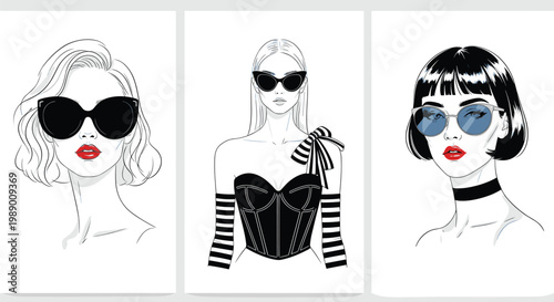 Elegant hand drawn fashion woman portrait set, stylish girl wearing sunglasses and red lipstick, modern feminine sketch, chic beauty vector illustration isolated on white.