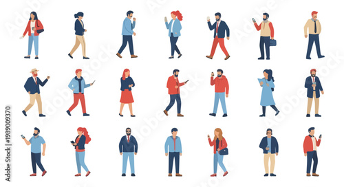 Diverse Group of People Walking and Using Smartphones in Various Outfits.