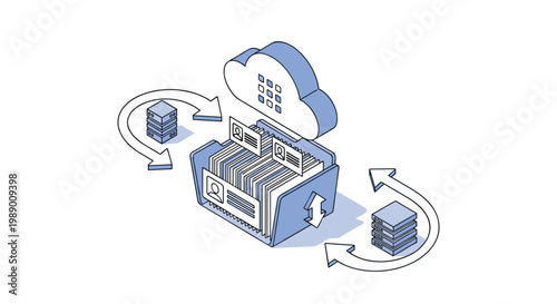 Automated cloud backup and synchronization system showing document folders being transferred between secure server storage units.