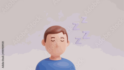 A 3D cartoon character of a young man sleeping peacefully.