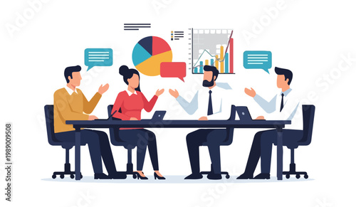 Business team meeting discussing financial data and strategies for growth and success.