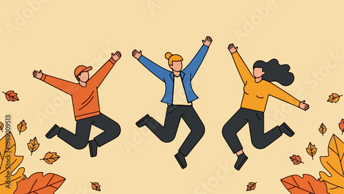 Three joyful people jumping in the air surrounded by falling autumn leaves.