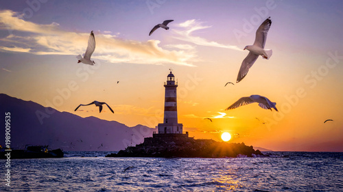 夕陽に照らされたイタリアのジェノヴァ灯台と周りを飛ぶカモメたち