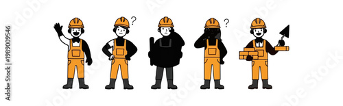 Cartoon Construction Workers in Various Poses with Safety Helmets.