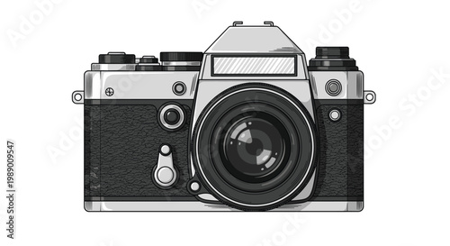 Detailed grayscale illustration of a classic vintage film camera featuring a large lens and manual controls on a white background.