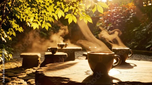 Sunlit stone courtyard with terracotta coffee cups and warm steam, serene morning garden atmosphere with leafy trees