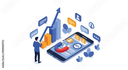 Mobile marketing concept showing a person using a smartphone with a magnet to attract users and increase data growth charts.
