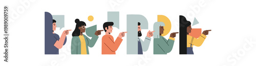 People pointing at each other, diverse group of individuals, blame and accusation concept.