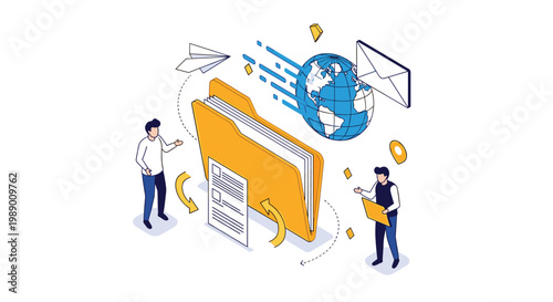 Digital file organization concept featuring people managing documents, global data, and email around a large yellow folder.