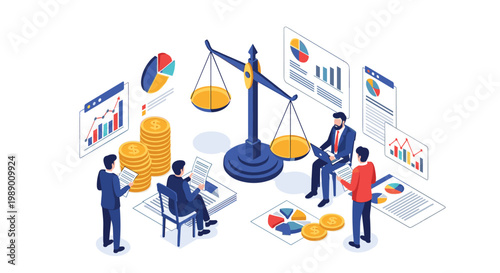 Legal and financial balance concept with people analyzing data, scales of justice, stacks of coins, and various pie charts.