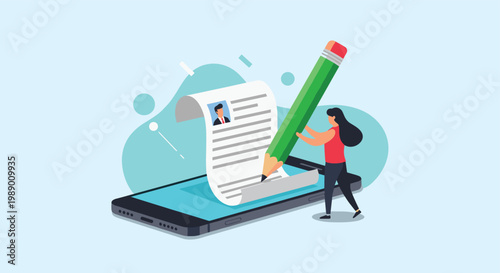 Digital document signing concept with a woman using a large pencil to fill out a form or resume on a smartphone screen.