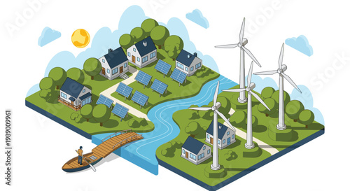Eco-friendly village concept featuring sustainable green energy sources like solar panels and wind turbines by a river.
