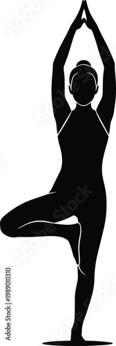 Woman yoga tree pose silhouette exercise fitness.