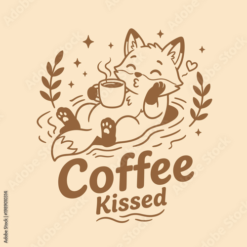 Brown Fox Holding Coffee Mug.