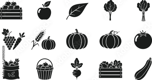 Collection of black farm vegetables and fruits.