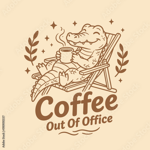 Crocodile holding a coffee cup relaxed.