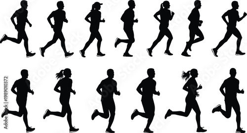 Collection of running silhouettes on background.