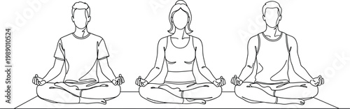 Three people meditating line art.