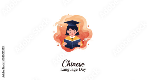 A cartoon-style illustration depicts a student wearing a graduation cap and reading a book, set against a swirling orange background in celebration of Chinese Language Day with educational