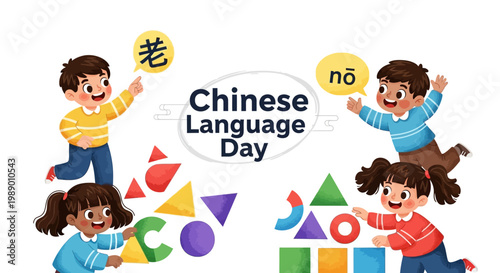Cheerful children are playfully interacting with geometric shapes and speech bubbles featuring mandarin pronunciation during a vibrant Chinese Language Day celebration against a clean white