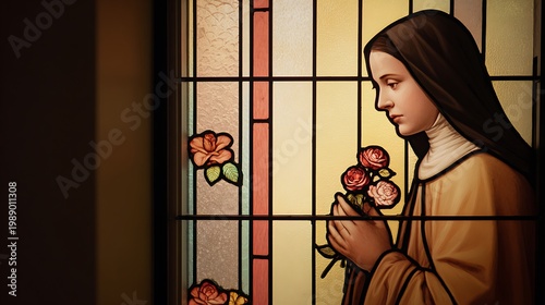 Saint Thérèse of Lisieux holding a small cluster of roses close to her heart as a symbol of humility and devotion + serene chapel interior simplified into geometric stained glass panels with subtle fl