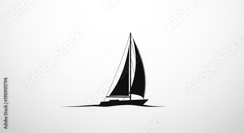 Minimalist black silhouette of a graceful sailboat moving smoothly across a bright white background