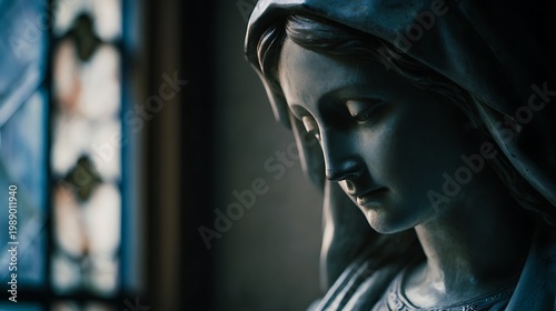 Virgin Mary portrayed in stillness with a composed and caring expression symbolizing quiet strength and compassion + minimal stained glass setting with clean lines and restrained decorative elements +