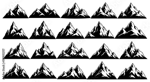 Mountains silhouette set with snow-capped peaks and rugged landscape in black and white vector graphics