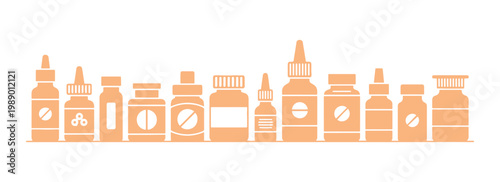Collection of rectangular medicine bottle icons in various designs, isolated on white.