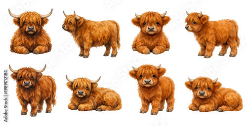 A charming watercolor collection of Highland cow calves featuring fluffy ginger baby cattle with shaggy fur and small horns illustrated in a sweet rustic farm style