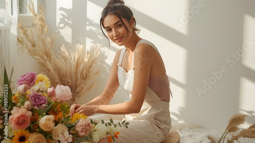 Female Florist Working Near Window with Soft Sunlight