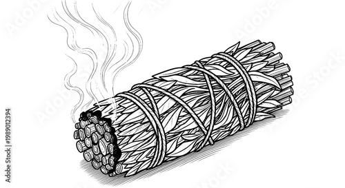 Sage smudging bundle with white smoke rising from tied sticks featuring herbs, aromatic, burning with purification and ritual elements for spiritual,
