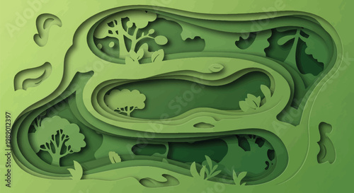 Vibrant layered paper art illustration for Earth day, symbolizing vital Earth protection and a flourishing ecosystem