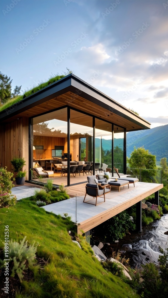 Fototapeta premium Modern house with a grass roof overlooking a stream. Large glass walls reveal interior. Wooden deck, and lush greenery surrounds