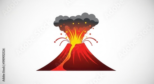 Illustrative depiction of an active volcano spewing lava and ash against a clear background