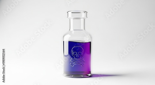 Minimalist 3D rendered glass bottle with hazardous purple liquid and skull warning symbol