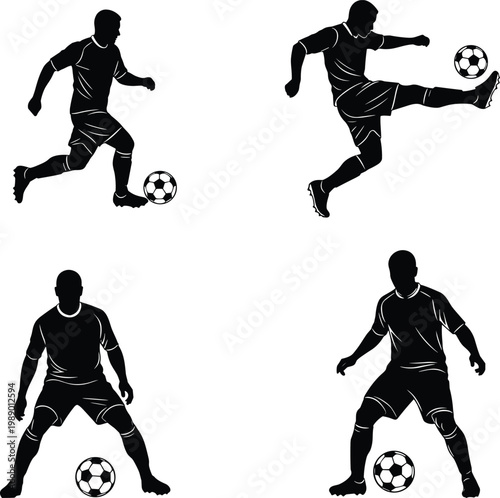 Soccer player silhouette set showing dribbling kicking and controlling ball actions, black and white vector illustration for sports design use