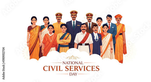 Celebrating National Civil Services Day in India, a diverse group of civil service officers are depicted in a vector illustration, showcasing Indian bureaucracy and public administration