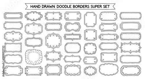 Doodle border frames super set with hand drawn style labels, banners and ornamental corners for scrapbook design