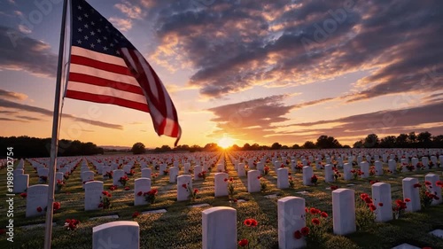 Weathered american flag on a cemetery pole above rows of white headstones and red flowers at sunset
