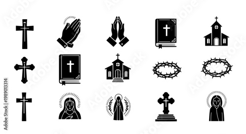 Cross set with religious icons including praying hands, churches, and holy books in black silhouette style
